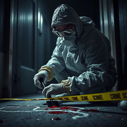 A captivating YouTube thumbnail featuring a crime scene cleaner at work, meticulously restoring order to a once chaotic murder site