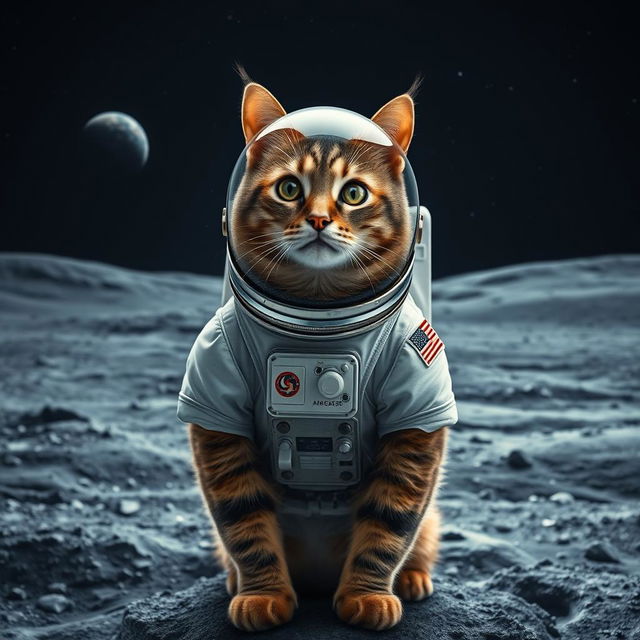 A magnificent adult cat, portrayed from the shoulders up, wearing an intricate astronaut suit complete with a reflective helmet, standing on the lunar surface