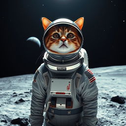 A magnificent adult cat, portrayed from the shoulders up, wearing an intricate astronaut suit complete with a reflective helmet, standing on the lunar surface