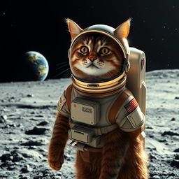 A magnificent adult cat, portrayed from the shoulders up, wearing an intricate astronaut suit complete with a reflective helmet, standing on the lunar surface