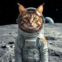 A magnificent adult cat, portrayed from the shoulders up, wearing an intricate astronaut suit complete with a reflective helmet, standing on the lunar surface