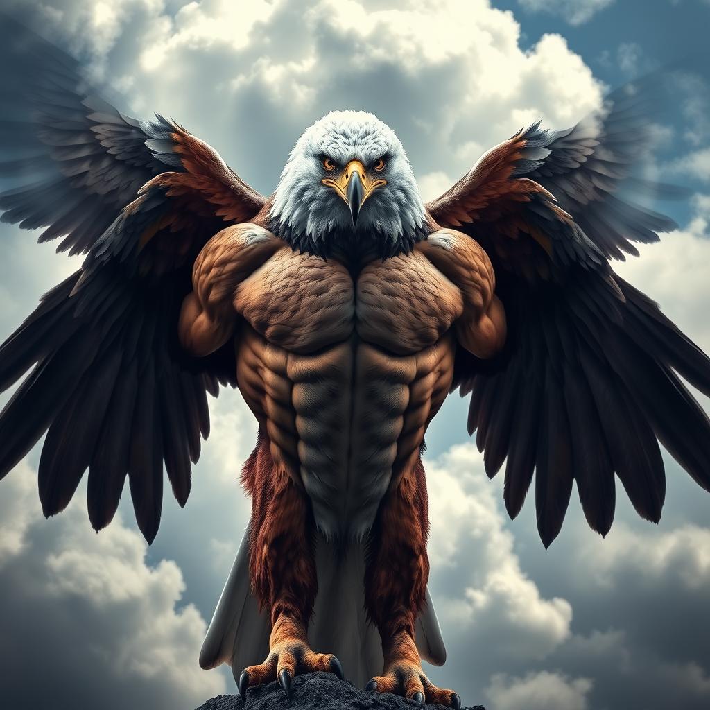 A highly muscular eagle, showcasing its powerful and toned body with defined muscles, majestic wings spread wide