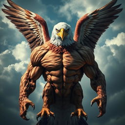 A highly muscular eagle, showcasing its powerful and toned body with defined muscles, majestic wings spread wide