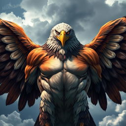 A highly muscular eagle, showcasing its powerful and toned body with defined muscles, majestic wings spread wide