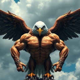 A highly muscular eagle, showcasing its powerful and toned body with defined muscles, majestic wings spread wide