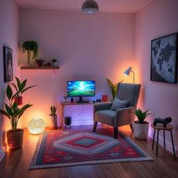 Design a cozy gaming nook for a mobile gamer with a comfortable armchair, surrounded by ambient lighting for a calming effect