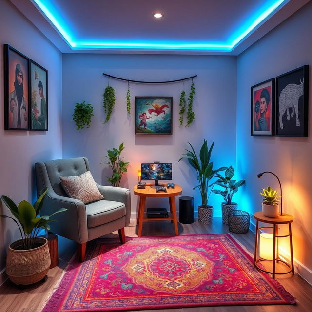 Design a cozy gaming nook for a mobile gamer with a comfortable armchair, surrounded by ambient lighting for a calming effect