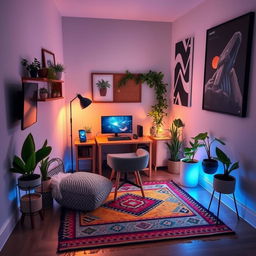 Design a cozy gaming nook for a mobile gamer with a comfortable armchair, surrounded by ambient lighting for a calming effect