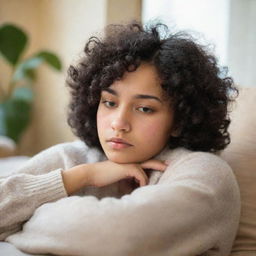 A teenager with curly black hair looking sleepy, surrounded by warm, peaceful environment.