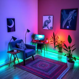 Design a cozy gaming nook for a mobile gamer with a comfortable armchair, surrounded by ambient lighting for a calming effect