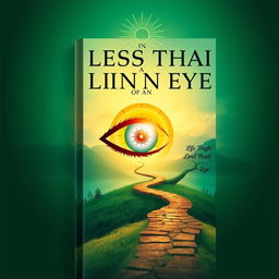 A non-fiction book cover titled "In Less Than a Blink of an Eye," exploring themes of life improvement, happiness, God, free will, the end of the world, and nature