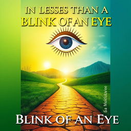 A non-fiction book cover titled "In Less Than a Blink of an Eye," exploring themes of life improvement, happiness, God, free will, the end of the world, and nature