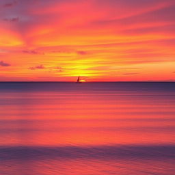 A vibrant sunset over a tranquil ocean bay, with the sky painted in hues of orange, pink, and purple