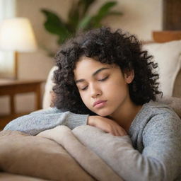 A teenager with curly black hair looking sleepy, surrounded by warm, peaceful environment.