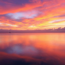 A vibrant sunset over a tranquil ocean bay, with the sky painted in hues of orange, pink, and purple