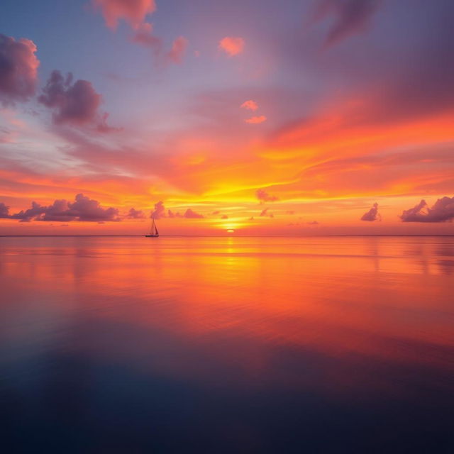 A vibrant sunset over a tranquil ocean bay, with the sky painted in hues of orange, pink, and purple