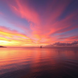 A vibrant sunset over a tranquil ocean bay, with the sky painted in hues of orange, pink, and purple