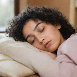 A teenager with curly black hair looking sleepy, surrounded by warm, peaceful environment.