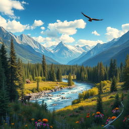 A stunning, expansive landscape featuring vibrant, lush forests, majestic mountains, and a clear, blue sky