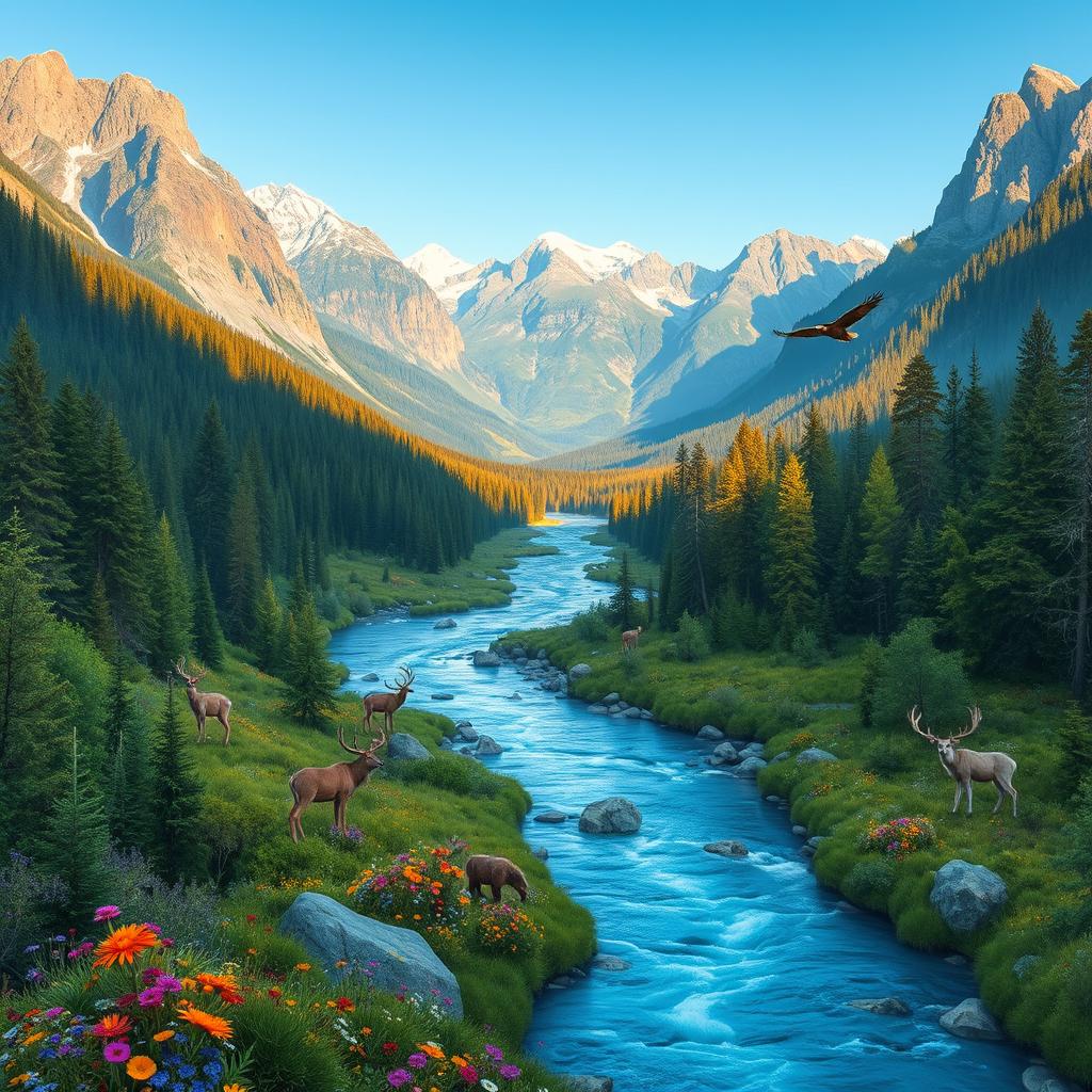 A stunning, expansive landscape featuring vibrant, lush forests, majestic mountains, and a clear, blue sky