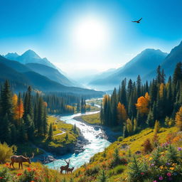 A stunning, expansive landscape featuring vibrant, lush forests, majestic mountains, and a clear, blue sky