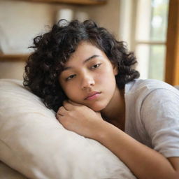 A teenager with curly black hair looking sleepy, surrounded by warm, peaceful environment.