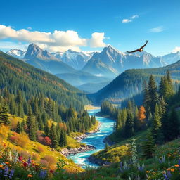 A stunning, expansive landscape featuring vibrant, lush forests, majestic mountains, and a clear, blue sky