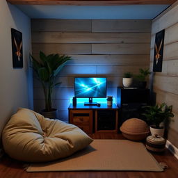 Design a budget-friendly and tranquil gaming corner in a rustic setting