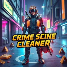 An eye-catching game thumbnail for the new game "Crime Scene Cleaner," showcasing the main character in action, equipped with advanced cleaning gadgets