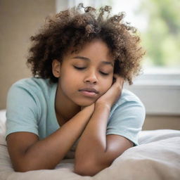 A sleepy African American teenager with curly hair, depicted in a tranquil, comforting setting.