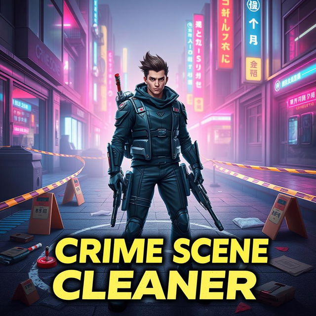 An eye-catching game thumbnail for the new game "Crime Scene Cleaner," showcasing the main character in action, equipped with advanced cleaning gadgets