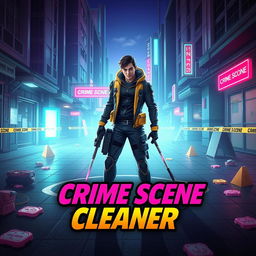 An eye-catching game thumbnail for the new game "Crime Scene Cleaner," showcasing the main character in action, equipped with advanced cleaning gadgets