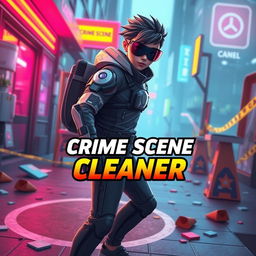 An eye-catching game thumbnail for the new game "Crime Scene Cleaner," showcasing the main character in action, equipped with advanced cleaning gadgets