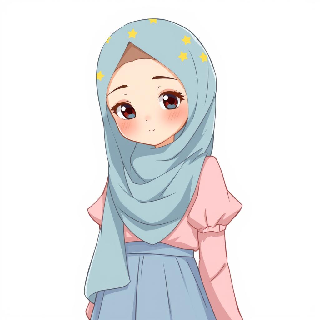 Anime style illustration of a girl wearing a soft blue hijab with yellow star patterns, a soft pink blouse, and a soft blue long skirt