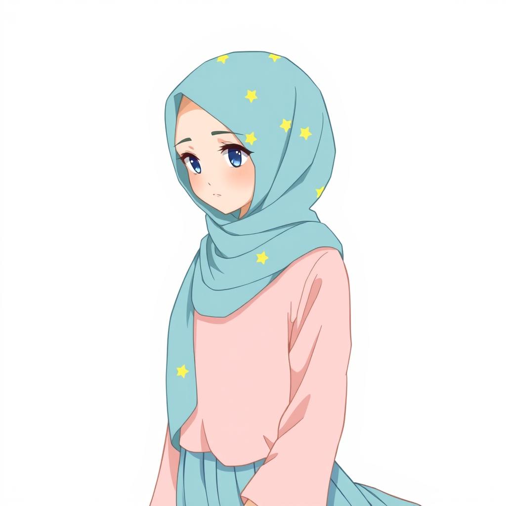 Anime style illustration of a girl wearing a soft blue hijab with yellow star patterns, a soft pink blouse, and a soft blue long skirt