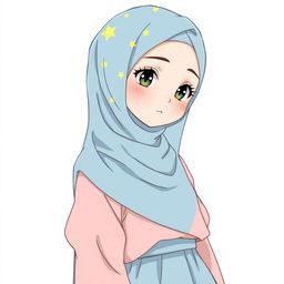 Anime style illustration of a girl wearing a soft blue hijab with yellow star patterns, a soft pink blouse, and a soft blue long skirt