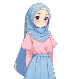 Anime style illustration of a girl wearing a soft blue hijab with yellow star patterns, a soft pink blouse, and a soft blue long skirt