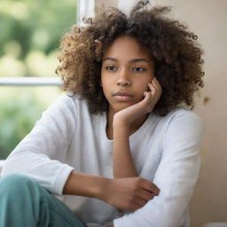 A sleepy African American teenager with curly hair, depicted in a tranquil, comforting setting.