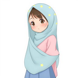 Anime style illustration of a girl wearing a soft blue hijab with yellow star patterns, paired with a soft pink blouse and a soft blue long skirt