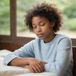 A sleepy African American teenager with curly hair, depicted in a tranquil, comforting setting.