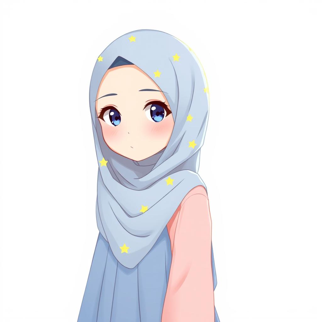 Anime style illustration of a girl wearing a soft blue hijab with yellow star patterns, paired with a soft pink blouse and a soft blue long skirt