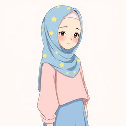 Anime style illustration of a girl wearing a soft blue hijab with yellow star patterns, paired with a soft pink blouse and a soft blue long skirt