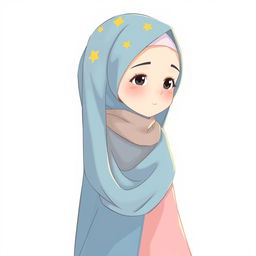 Anime style illustration of a girl wearing a soft blue hijab with yellow star patterns, paired with a soft pink blouse and a soft blue long skirt