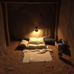 Create a budget-friendly and cozy gaming nook for a mobile gamer in a rustic room with a dirt floor