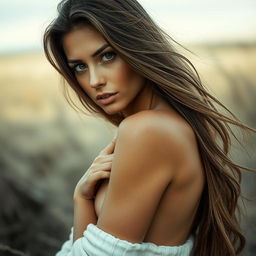 A beautiful woman with long flowing hair, posing artistically in a natural setting