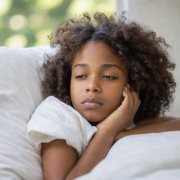 A sleepy African American teenager with curly hair, depicted in a tranquil, comforting setting.