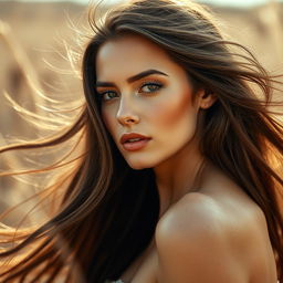 A beautiful woman with long flowing hair, posing artistically in a natural setting