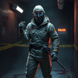 A captivating game thumbnail featuring a crime scene cleaner character in a virtual murder mystery game