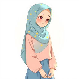 Anime style illustration of a girl wearing a soft blue hijab with yellow star patterns, a soft pink blouse, and a soft blue long skirt