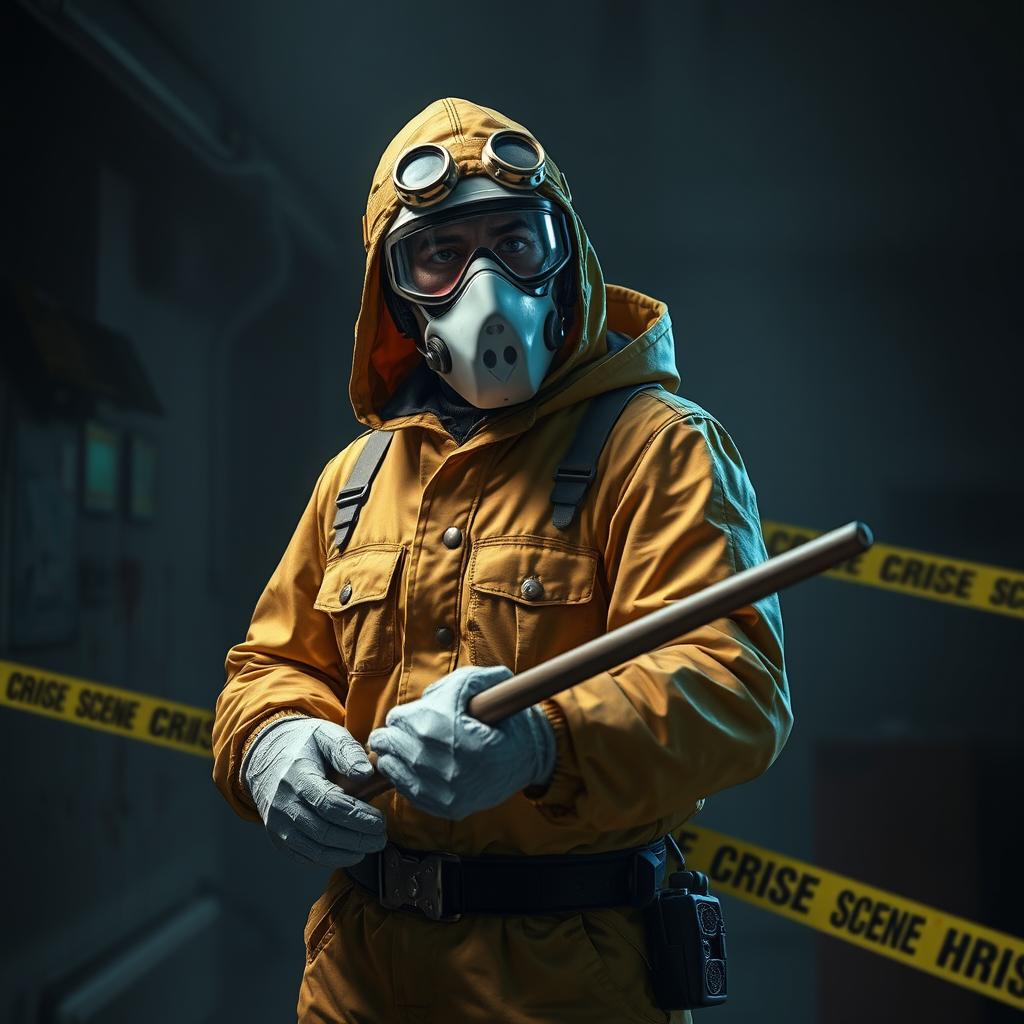 A captivating game thumbnail featuring a crime scene cleaner character in a virtual murder mystery game